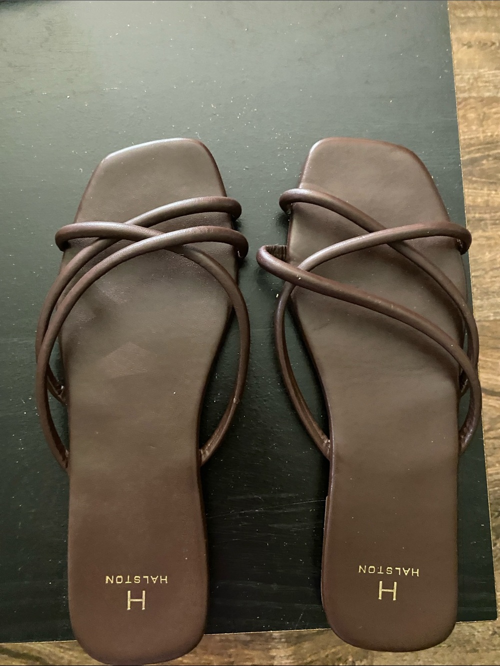 Halston Heritage Brown Leather Strappy Square-Toe Slide Sandals